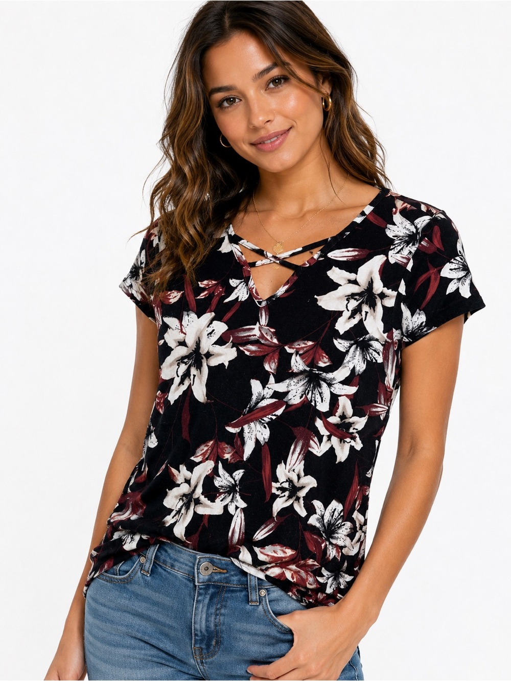 Cleo Petites Floral Criss Cross Neck Top Size Small Summer Blouse